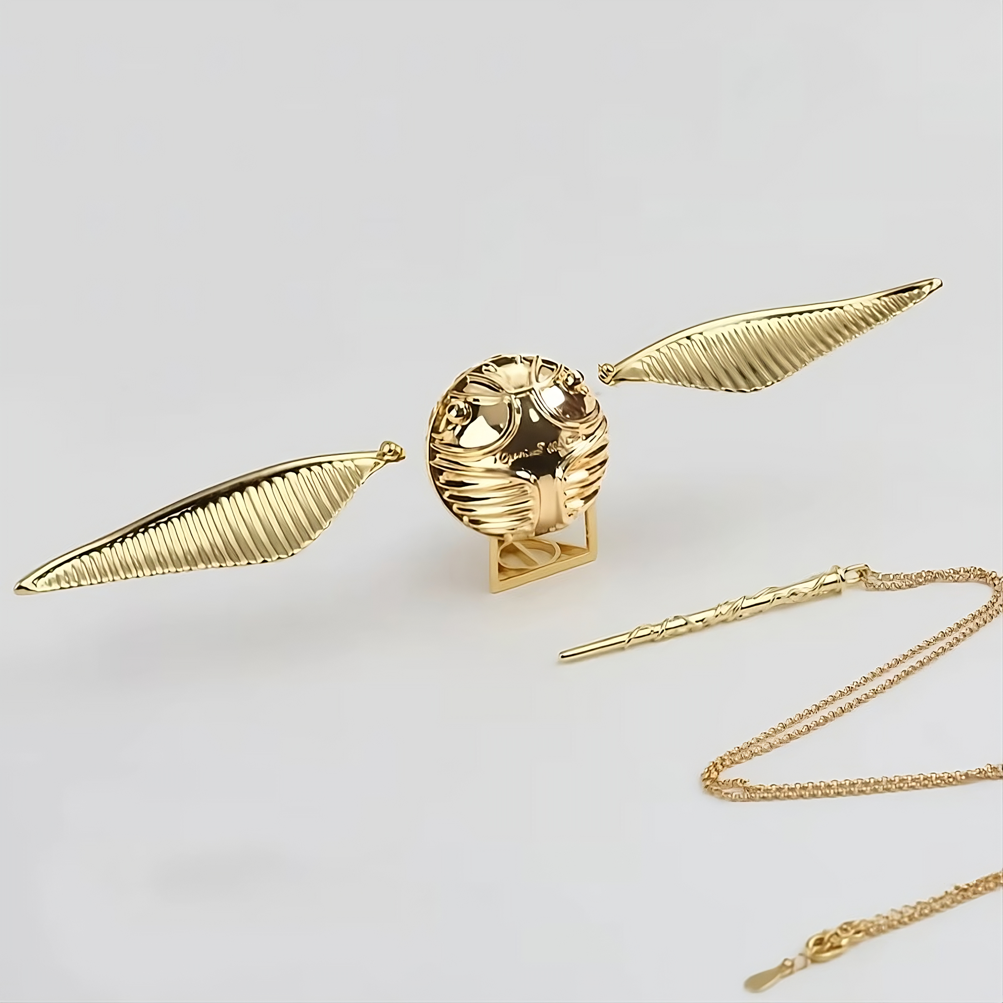 Golden Snitch box with detachable gold wings and a chain, a wearable Harry Potter proposal keepsake and desk decor RNGBX1-1 RNGBX1