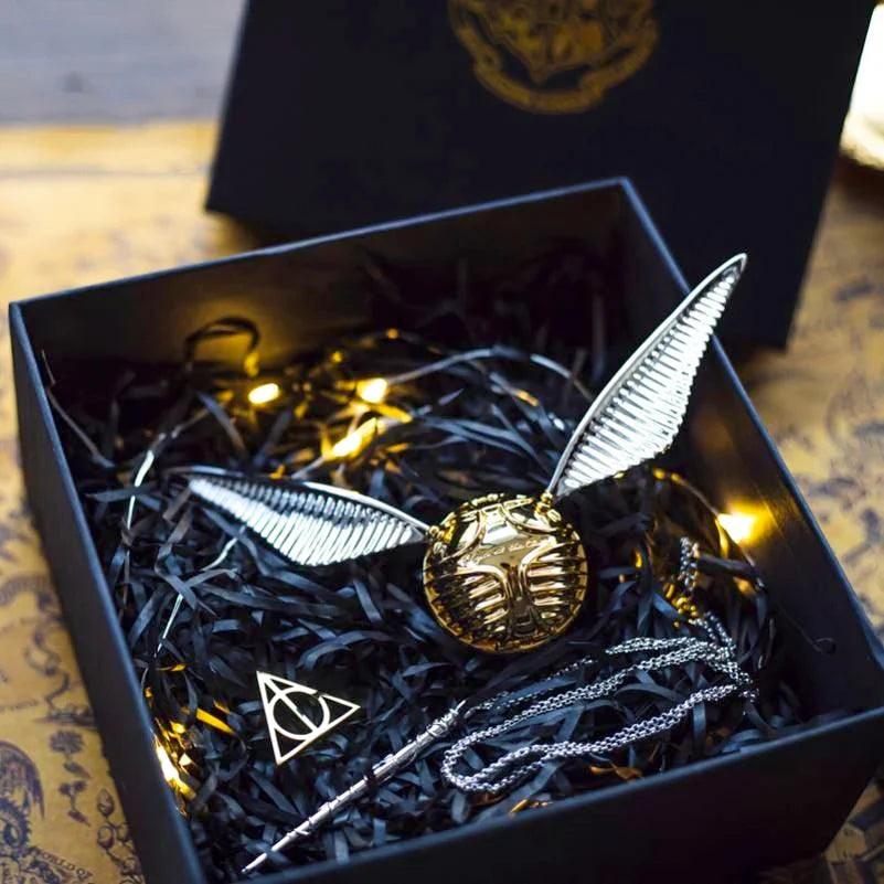 Silver winged snitch gift box with Deathly Hallows stand and lights, a wizarding world collectible for Potter fans RNGBX2