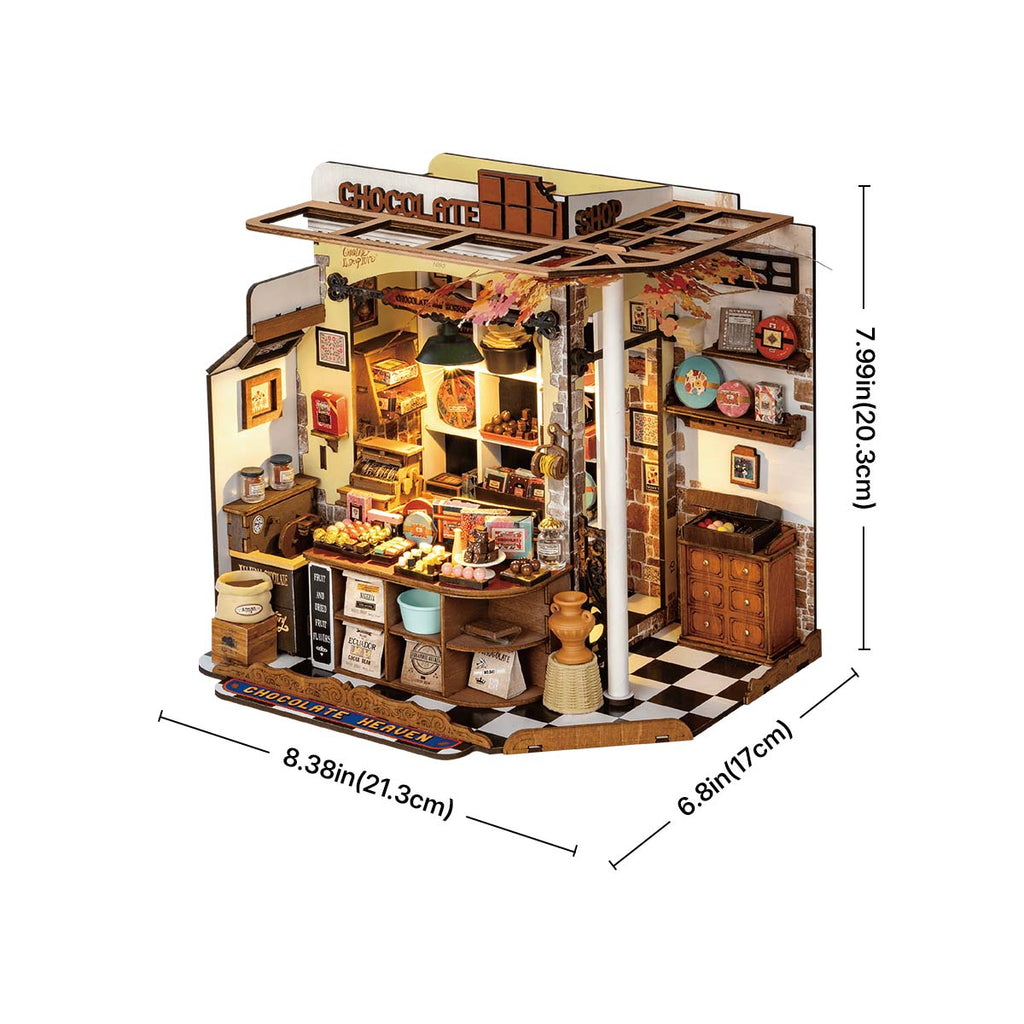 1:18 scale chocolate store dollhouse kit with 330 laser-cut pieces, a hands-on model building hobby for teen and adult crafters
