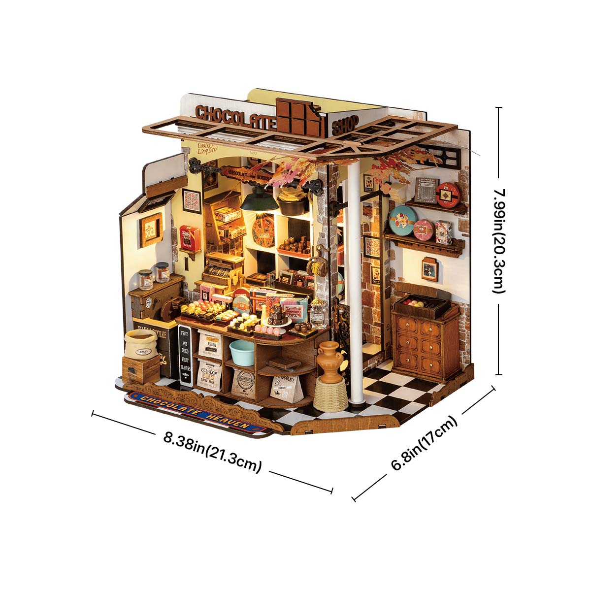 1:18 scale chocolate store dollhouse kit with 330 laser-cut pieces, a hands-on model building hobby for teen and adult crafters