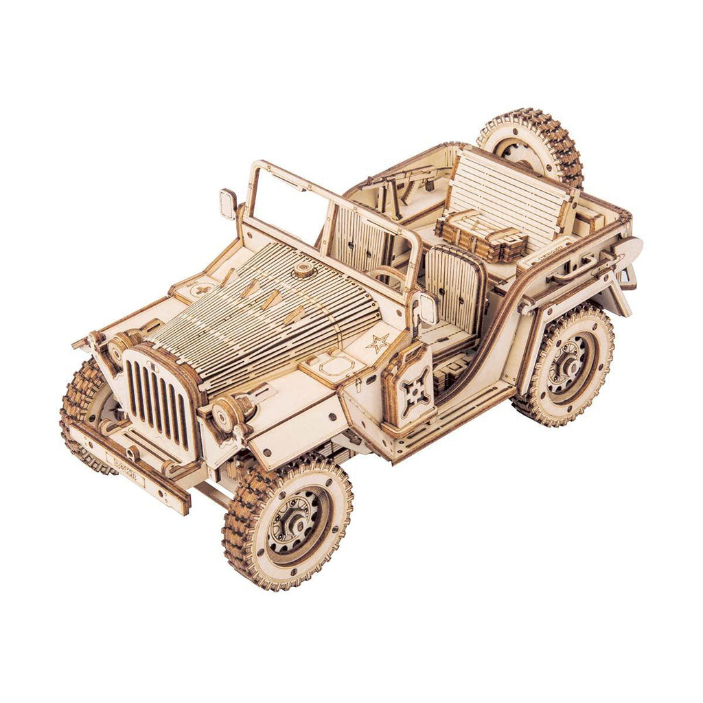 Wooden car model kit that builds a vintage open top field car from 369 interlocking pieces for adult model builders