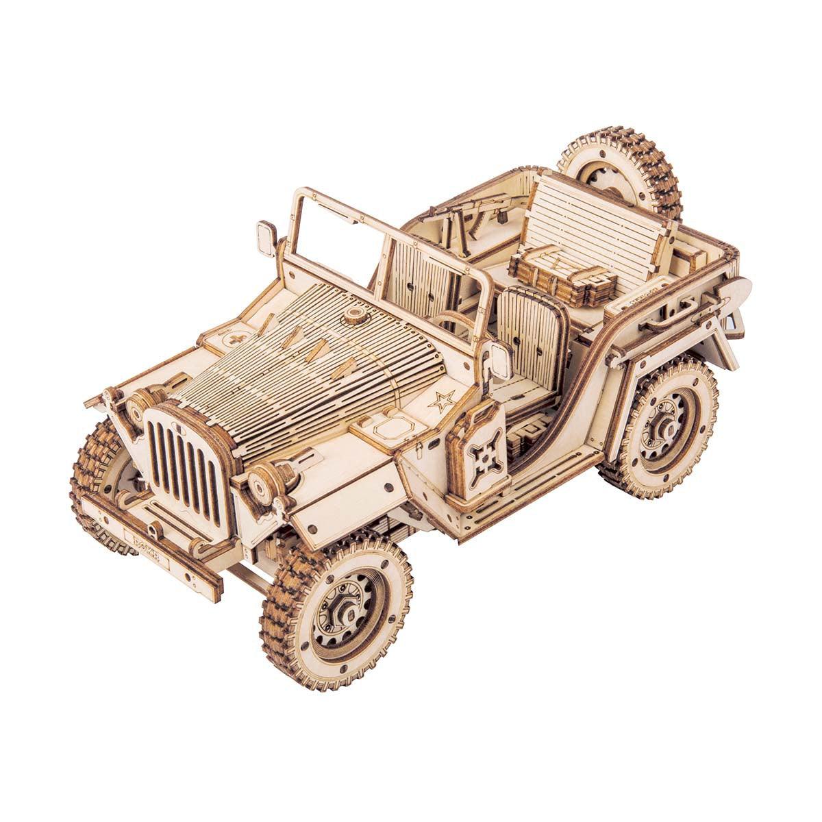 Wooden car model kit that builds a vintage open top field car from 369 interlocking pieces for adult model builders