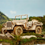 Vintage military jeep wooden model displayed as shelf decor, a handcrafted 3D puzzle gift for classic car enthusiasts
