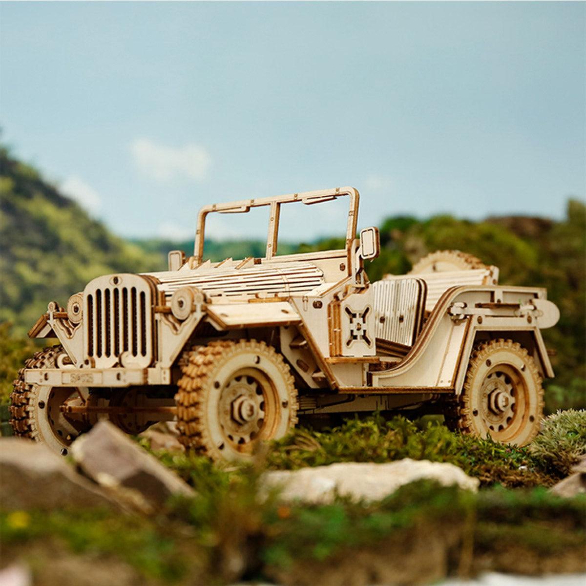 Vintage military jeep wooden model displayed as shelf decor, a handcrafted 3D puzzle gift for classic car enthusiasts