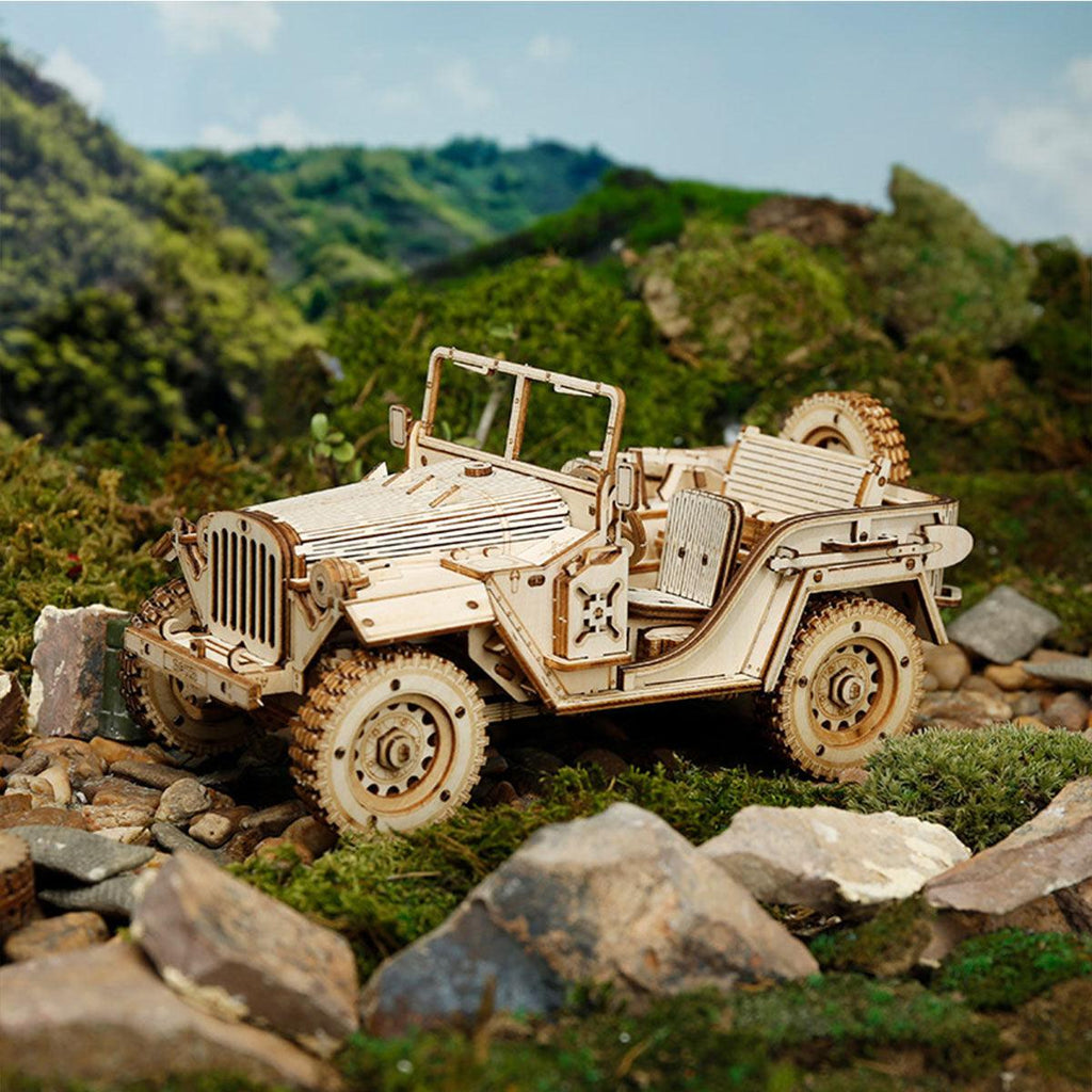Buildable army field car model for teens and adults age 14 and up, a collectible wooden puzzle gift for hobby builders