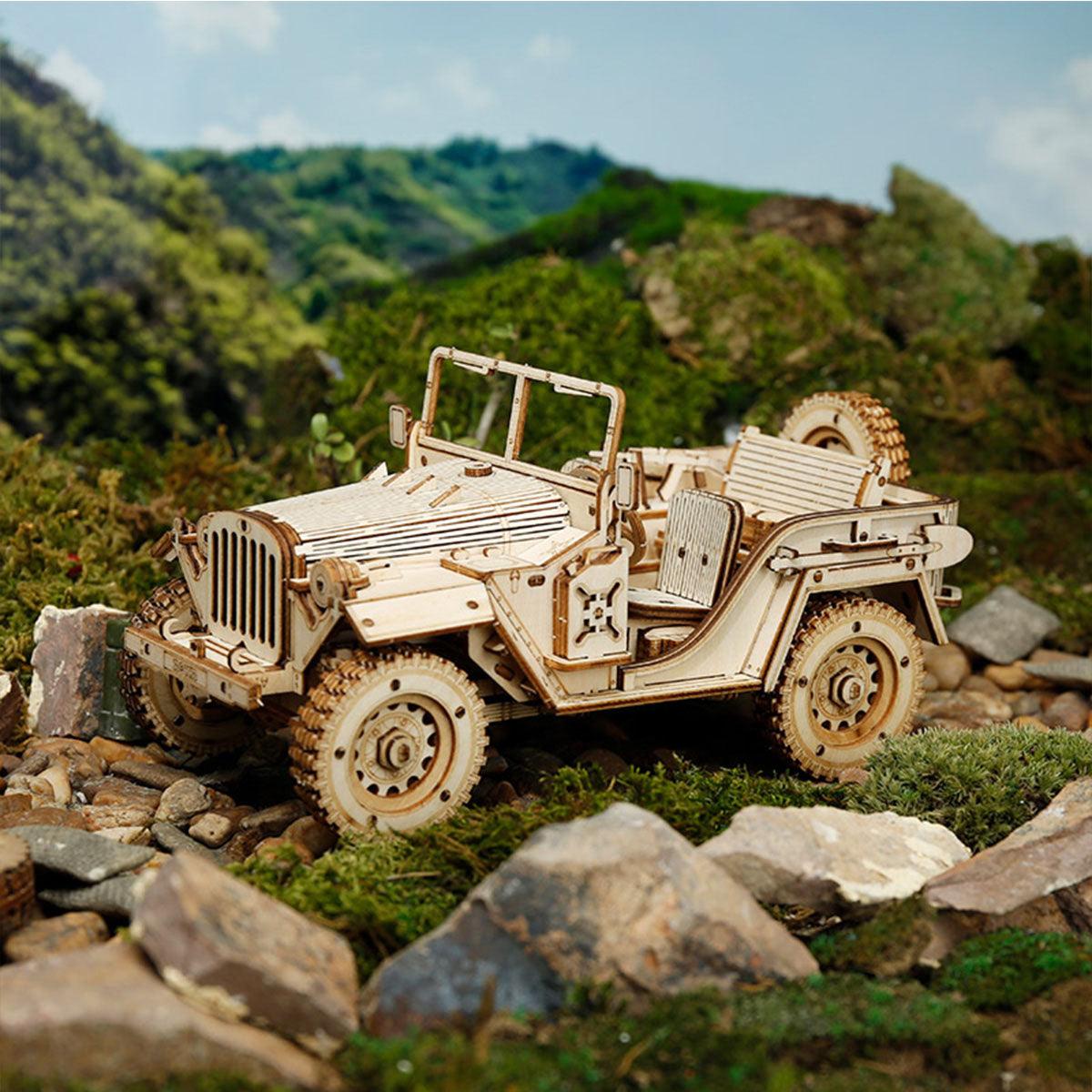 Buildable army field car model for teens and adults age 14 and up, a collectible wooden puzzle gift for hobby builders