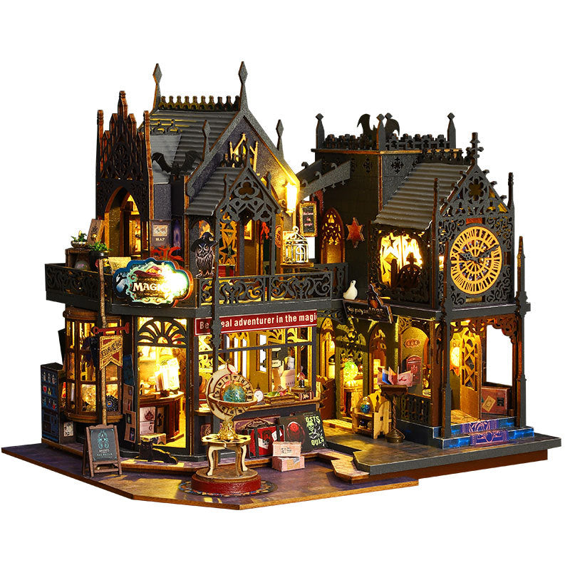 LED miniature house kit that builds a glowing wooden magic city, an illuminated dollhouse display for adults KIt Only, Kit + Dust Cover