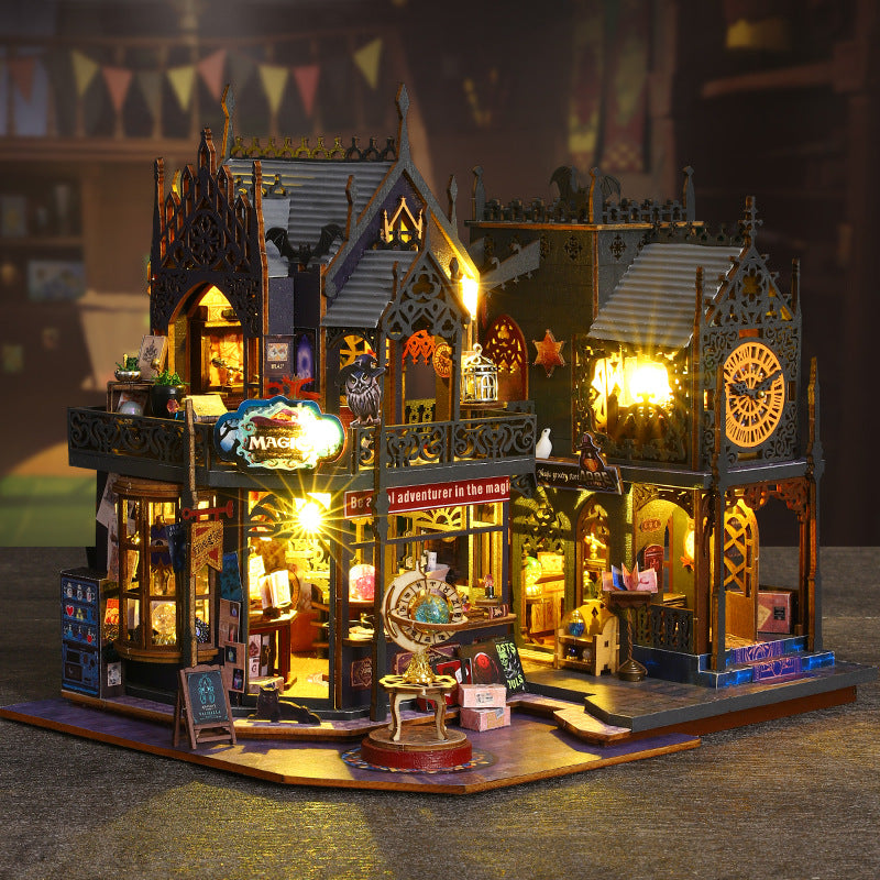 DIY dollhouse model kit with lights, a 2 to 4 hour wooden magic city build for family and solo crafters KIt Only, Kit + Dust Cover
