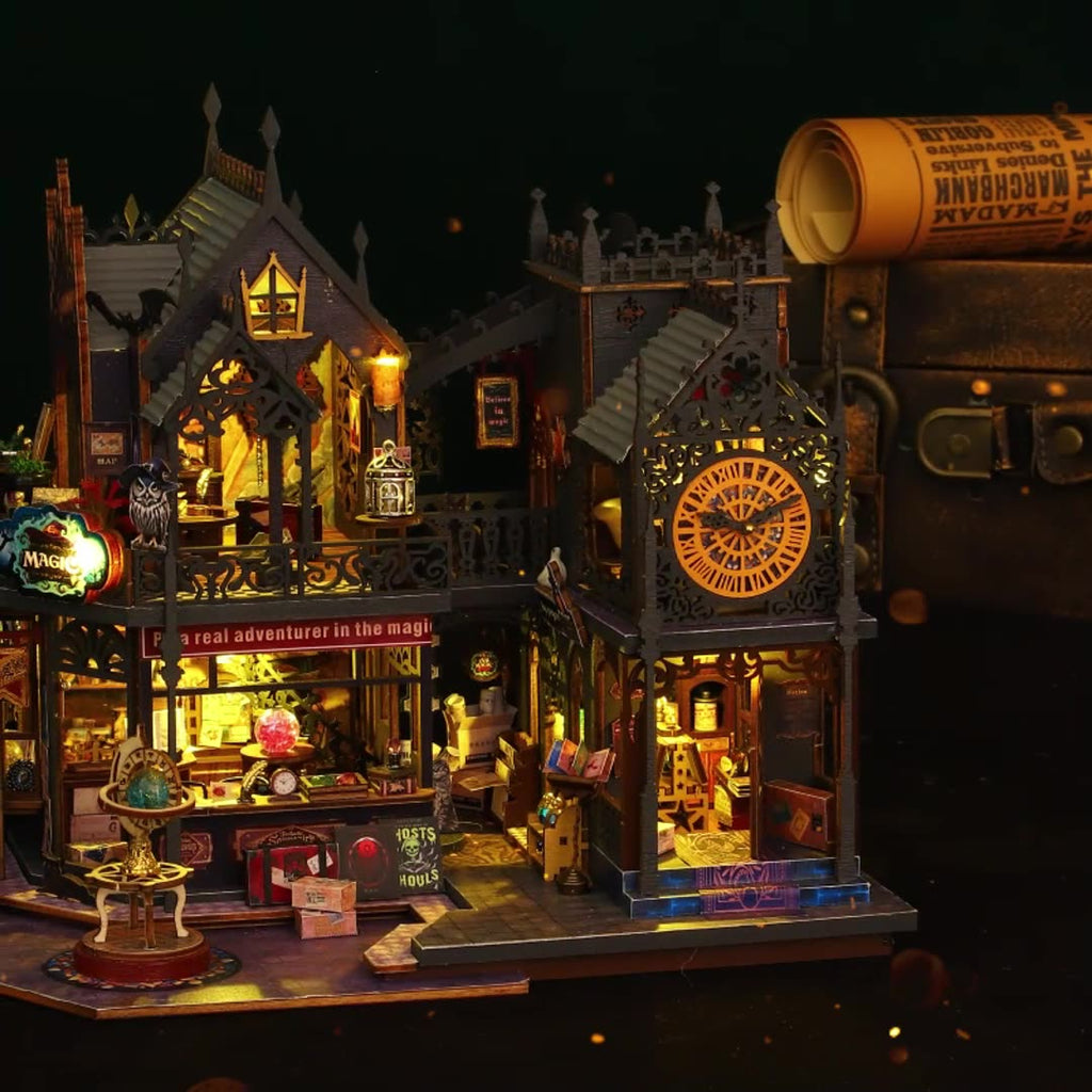Wooden magic city miniature kit cut from eco-friendly plywood, a lit cityscape model for shelf and desk decor KIt Only, Kit + Dust Cover