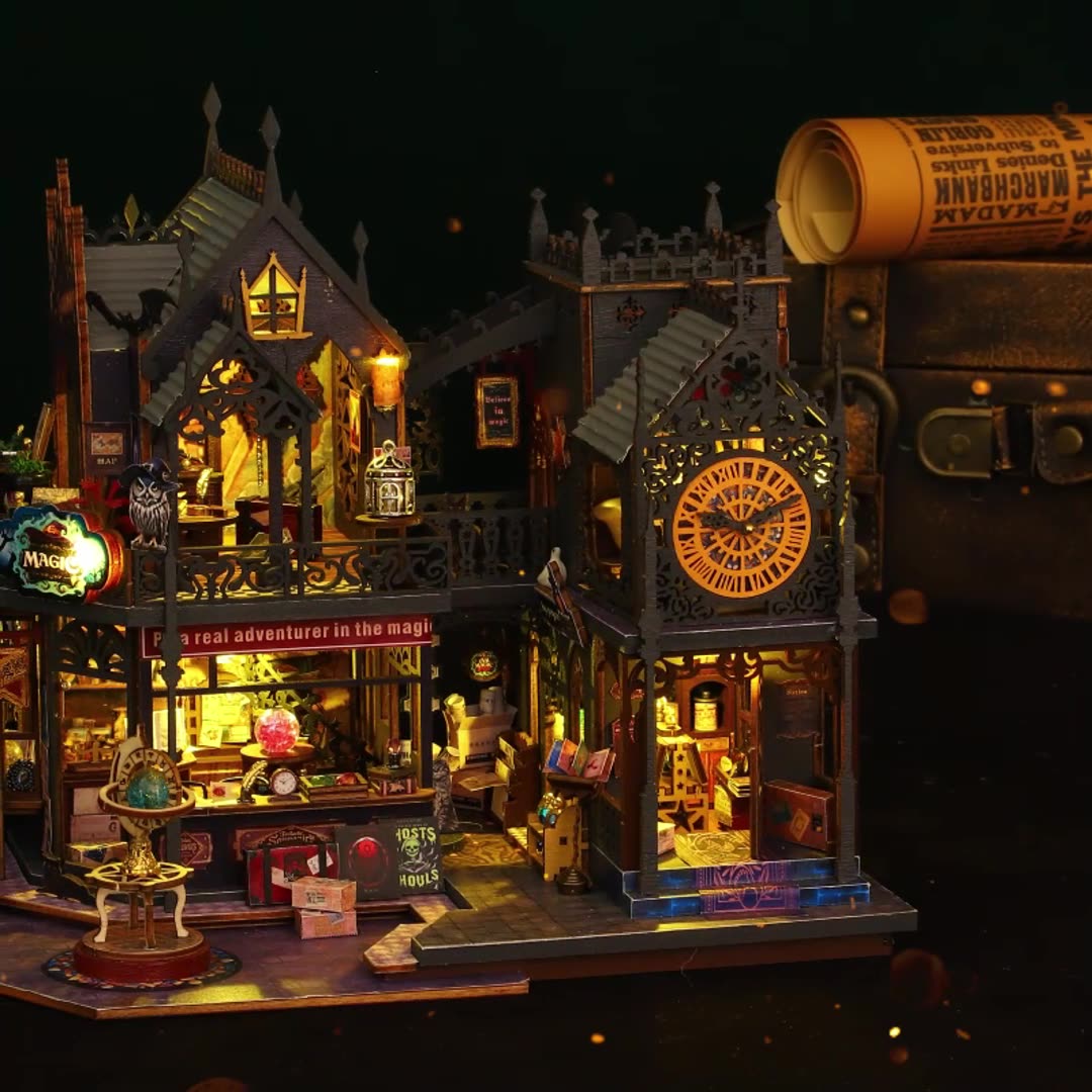 Wooden magic city miniature kit cut from eco-friendly plywood, a lit cityscape model for shelf and desk decor KIt Only, Kit + Dust Cover