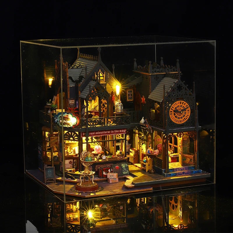 Miniature house building kit for model builders and miniature hobbyists, an illuminated wooden city to display KIt Only, Kit + Dust Cover