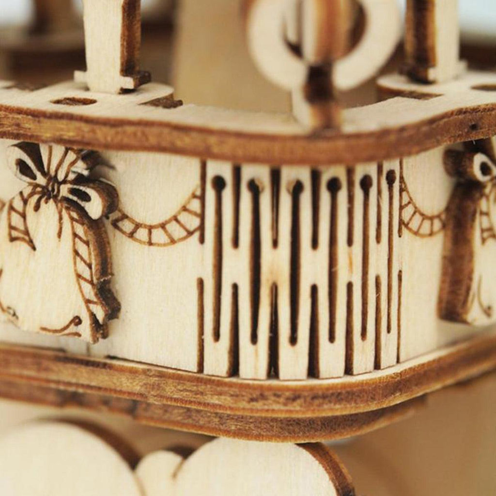 Intricate laser cut plywood gondola and basket of the wooden hot air balloon 3D puzzle with interlocking no glue pieces