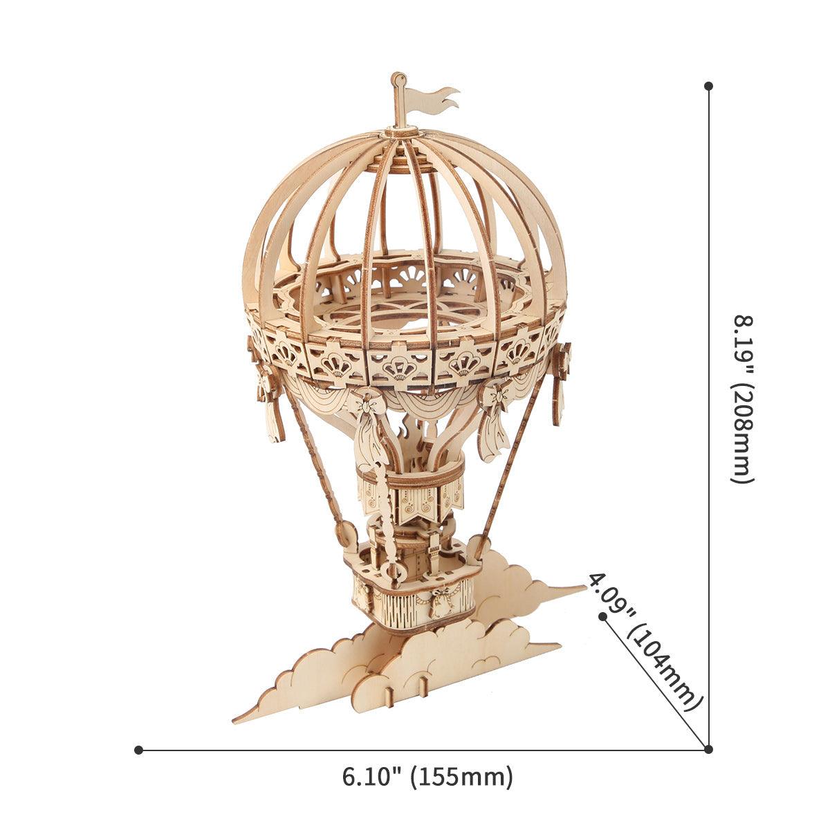 140 piece wooden hot air balloon puzzle kit that builds a standing balloon model, a birthday and holiday gift for hobbyists