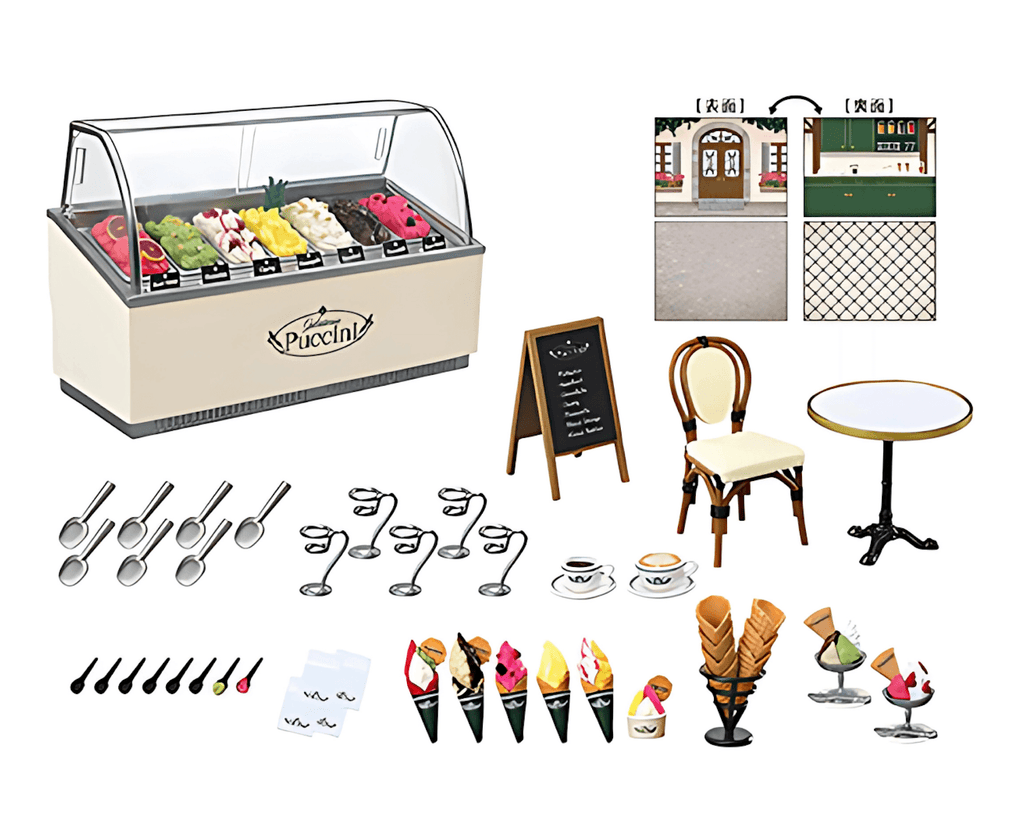 Ice cream shop miniature in 1:12 scale with a gelato display case and cones for dollhouse rooms and tiny food collectors
