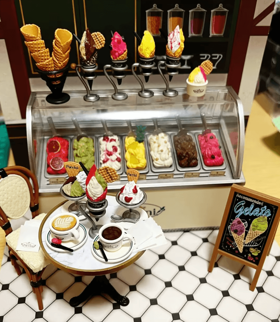 Ice cream parlor miniature accessories with cones scoops and flavor display for 1:12 dollhouse and cafe diorama builds