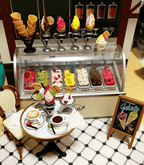 Ice cream parlor miniature accessories with cones scoops and flavor display for 1:12 dollhouse and cafe diorama builds
