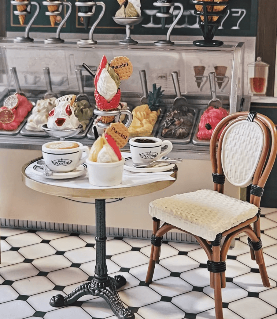 Miniature gelato parlor set with eight sculpted flavors and scoops for dollhouse kitchen scenes and diorama builders