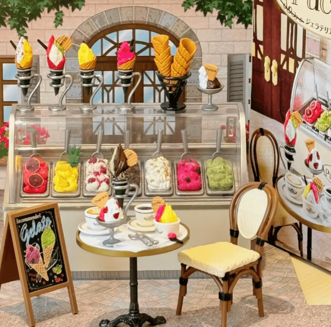 Tiny food collectible ice cream shop for 1:12 dioramas and dollhouse cafe scenes with cones scoops and shop signage