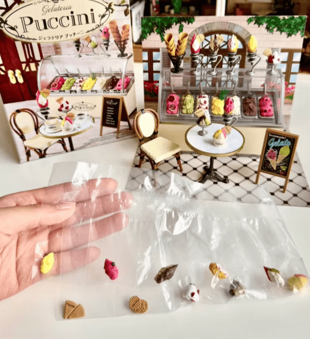 Miniature ice cream shop set with gelato flavors and cones ideal for dollhouse room decor and shadow box dioramas