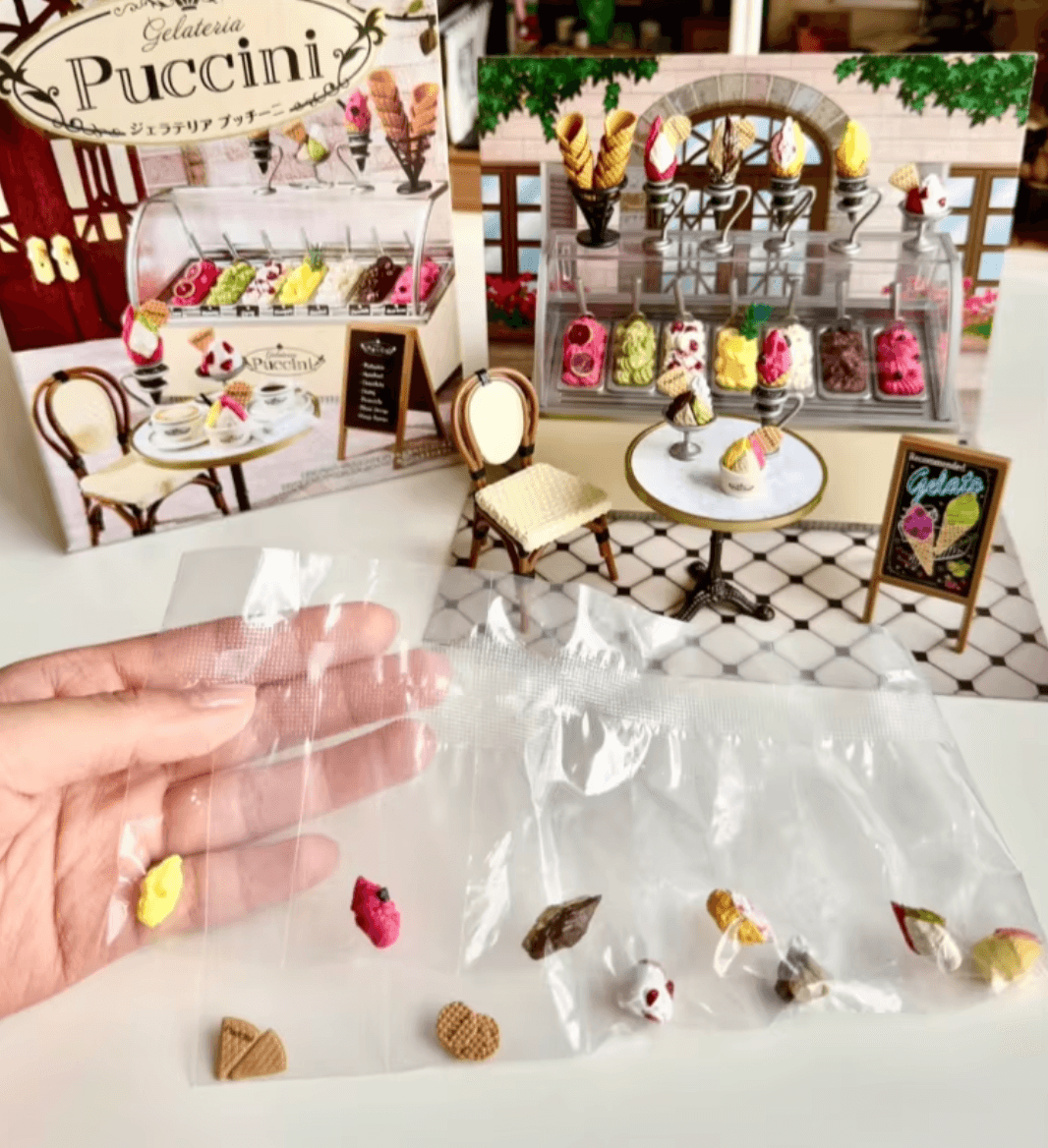 Miniature ice cream shop set with gelato flavors and cones ideal for dollhouse room decor and shadow box dioramas