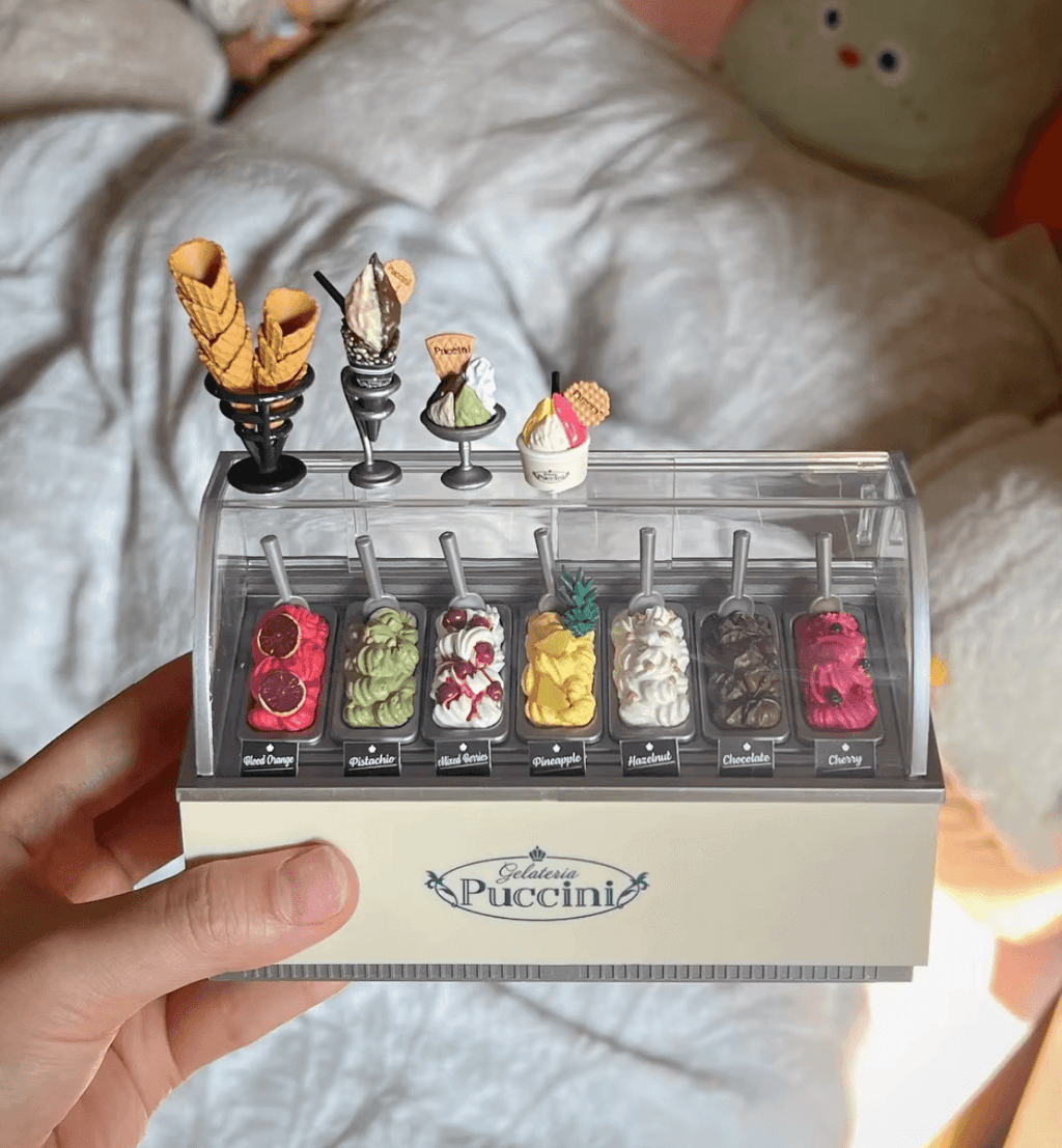 Dollhouse gelato shop diorama piece with a display case cones and eight flavors for miniature food court collections