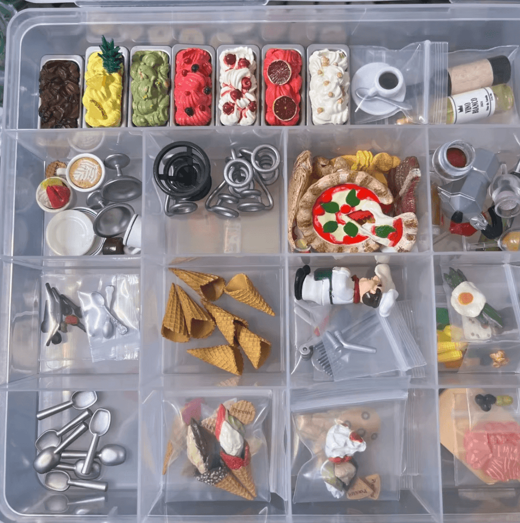 Gift for miniature food collectors, a gelato shop set with cones flavors and display case for dollhouse diorama scenes