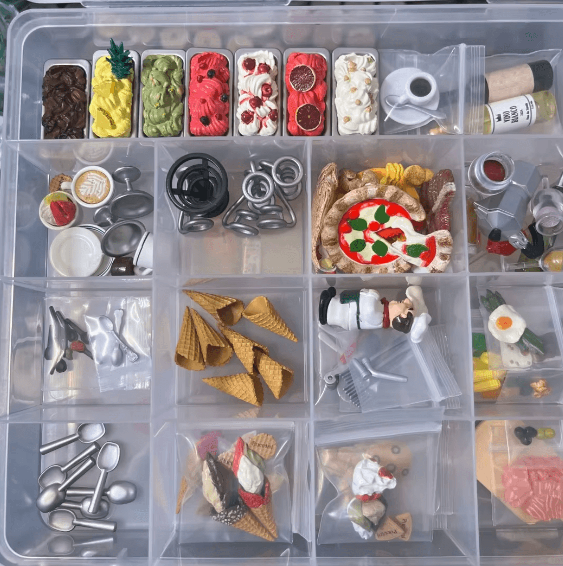 Gift for miniature food collectors, a gelato shop set with cones flavors and display case for dollhouse diorama scenes