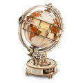 Illuminated globe 3D wooden puzzle glowing with warm LED light, a 180 piece vintage world map model kit for adults