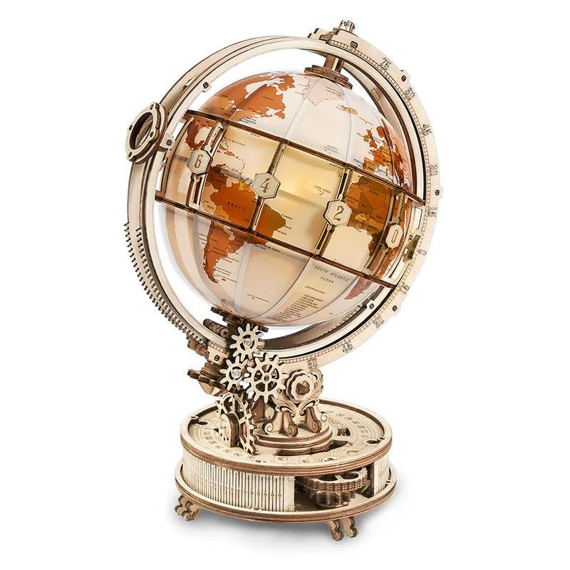 Illuminated globe 3D wooden puzzle glowing with warm LED light, a 180 piece vintage world map model kit for adults
