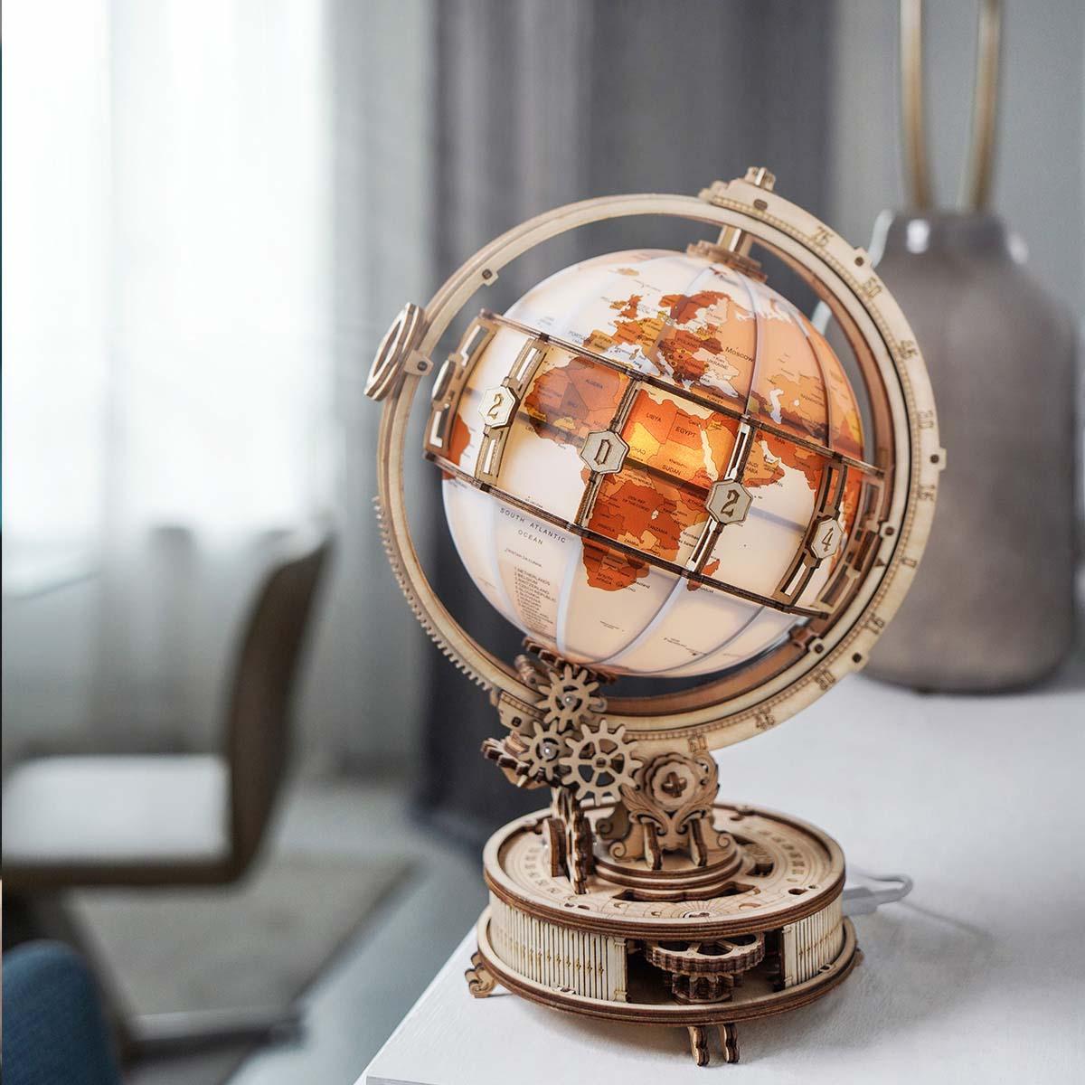 Illuminated wooden globe model kit gift for travelers, map lovers, and puzzle fans on birthdays and holiday occasions