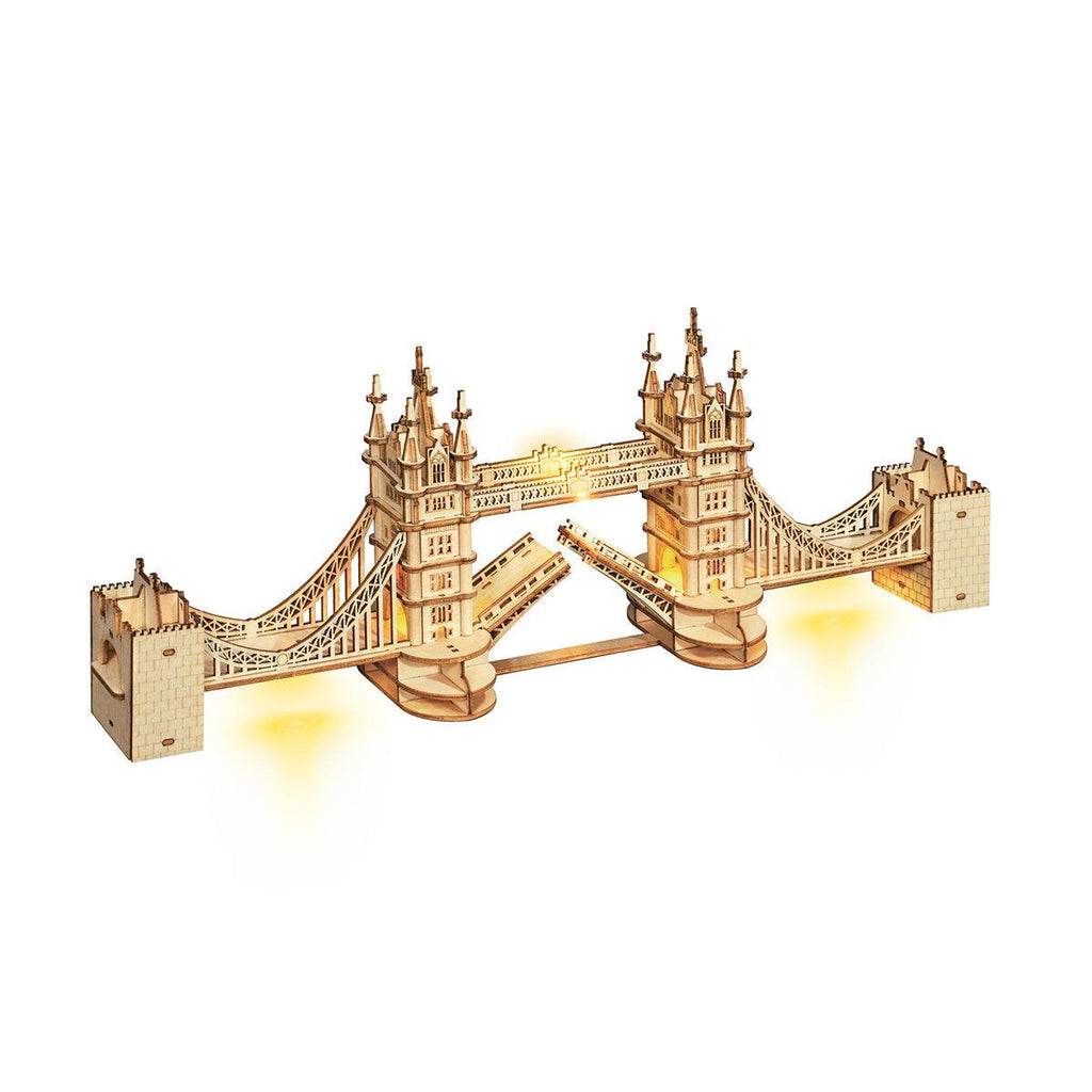 Illuminated Tower Bridge 3D wooden puzzle with warm LED lights, a glowing London landmark model for a desk or shelf