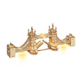Illuminated Tower Bridge 3D wooden puzzle with warm LED lights, a glowing London landmark model for a desk or shelf