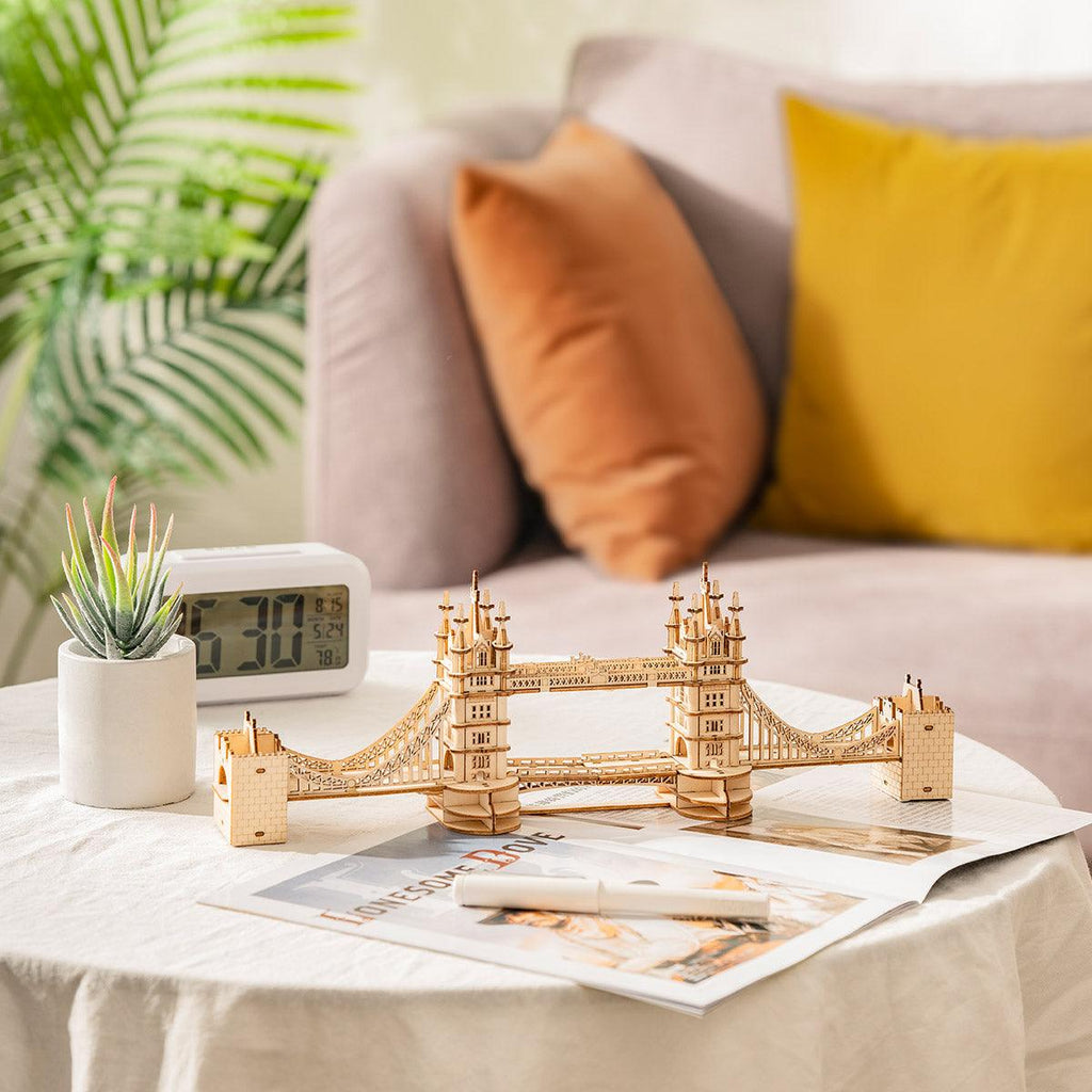 Tower Bridge wooden model kit built from 113 laser-cut pieces, a London landmark display for a living room or office