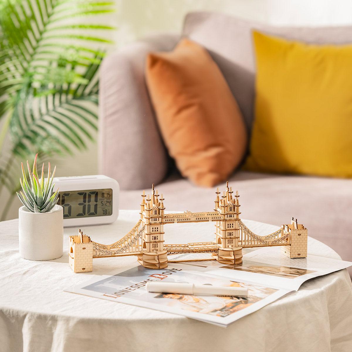 Tower Bridge wooden model kit built from 113 laser-cut pieces, a London landmark display for a living room or office