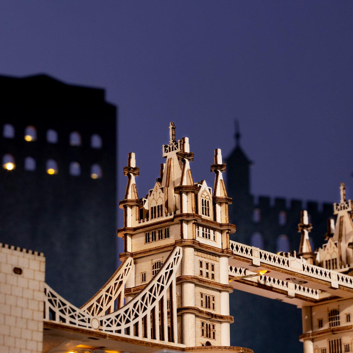 Tower Bridge LED puzzle glowing against a night skyline, an illuminated architecture model and gift for London fans