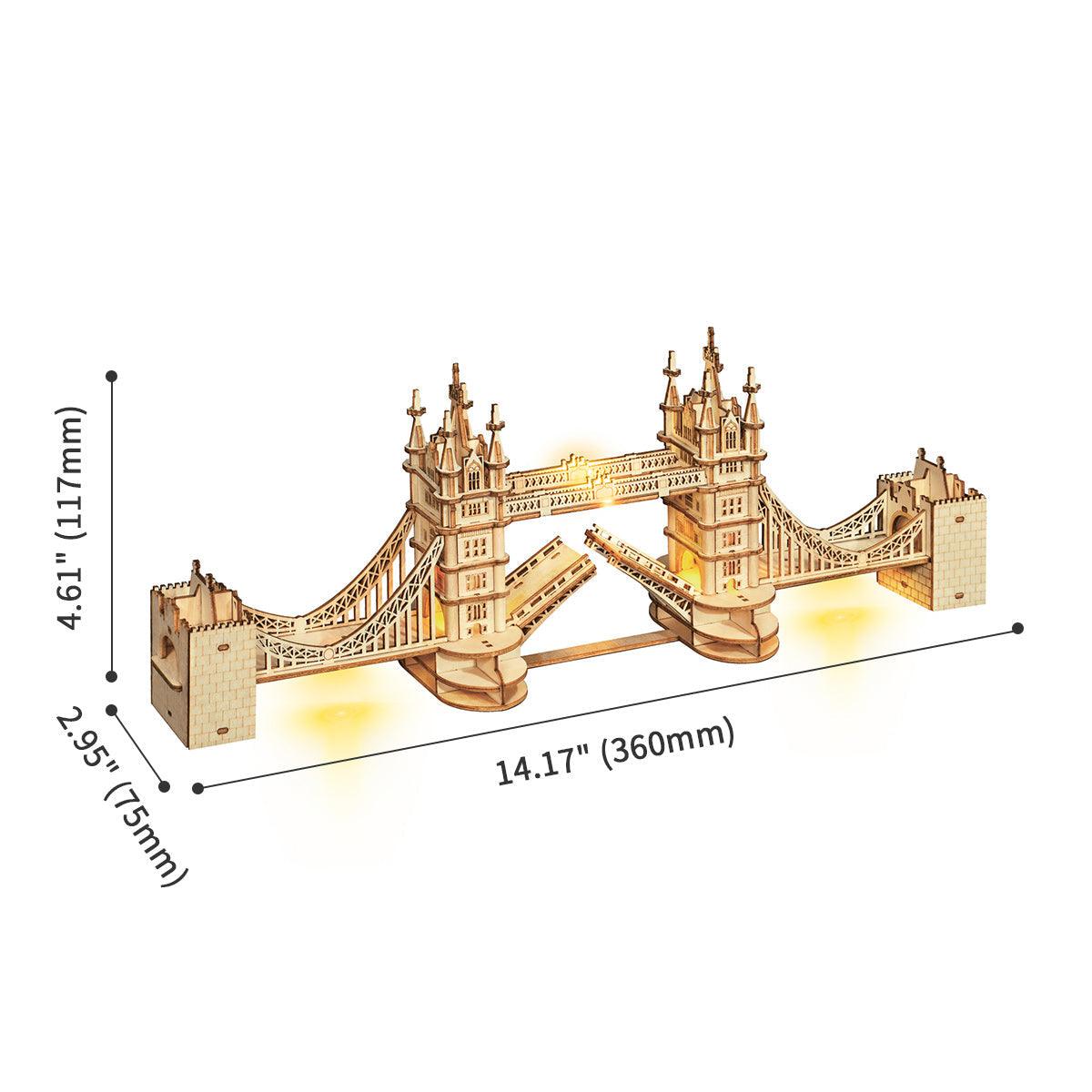 Tower Bridge model about 360 mm wide with LED lighting, a large illuminated London landmark for a desk or bookshelf