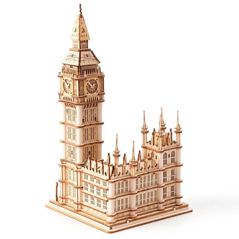 Big Ben 3D wooden puzzle with a Gothic clock tower and palace, a detailed London landmark model for a desk or shelf