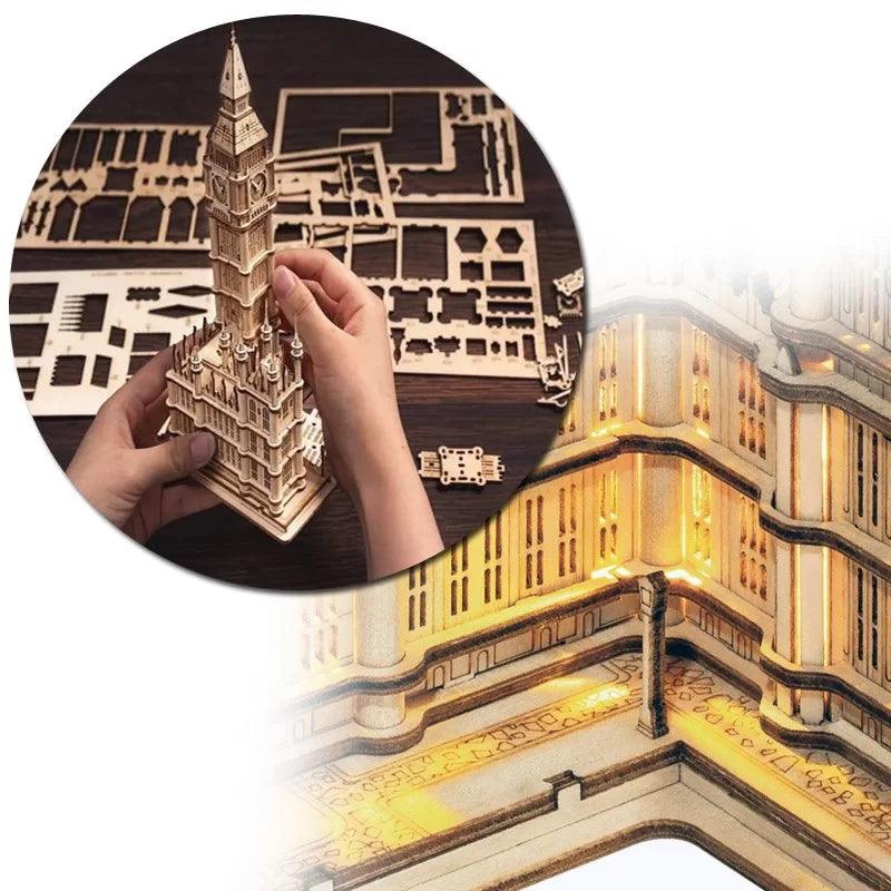 Big Ben wooden model kit with 220 laser-cut pieces and LED lights, a hands-on clock tower build for model collectors