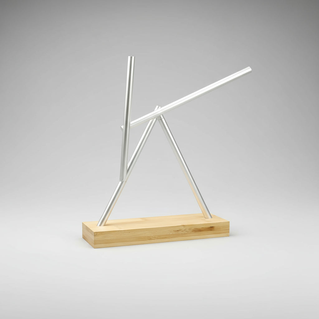 Newton pendulum swinging sticks sculpture with a Silver finish and wood base, engineering desk art for a home office
