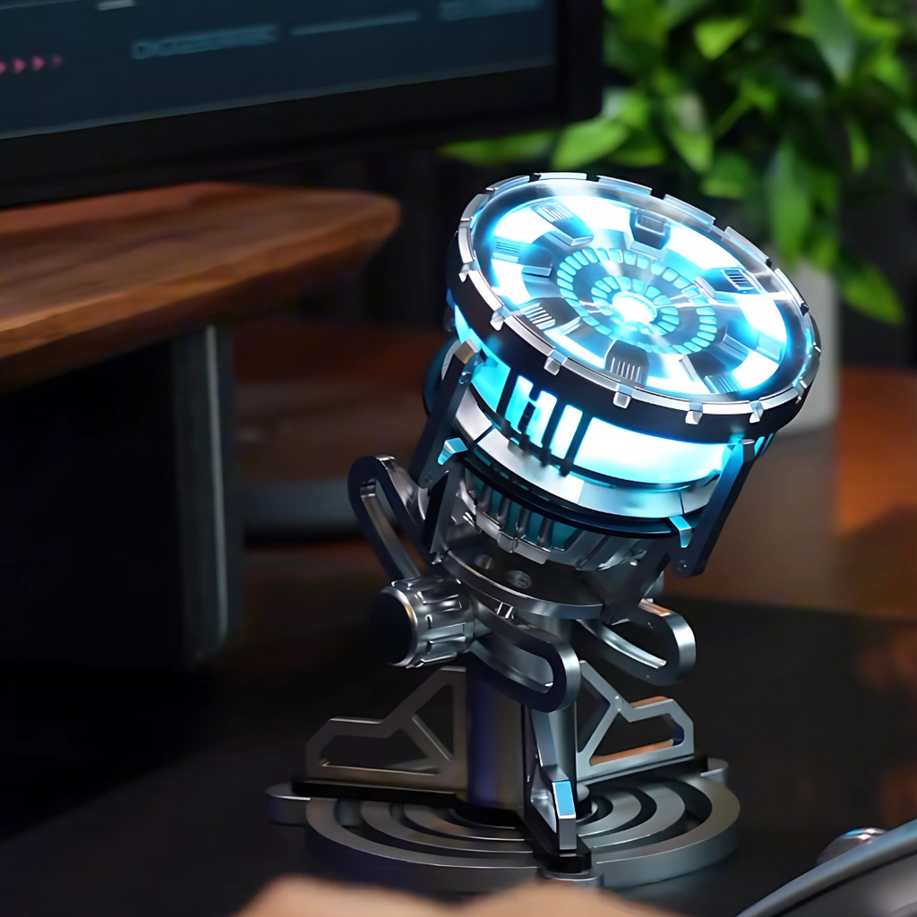 Iron Man arc reactor LED display light glowing blue on its motorized stand, a Tony Stark MK3 desk lamp for Marvel collectors