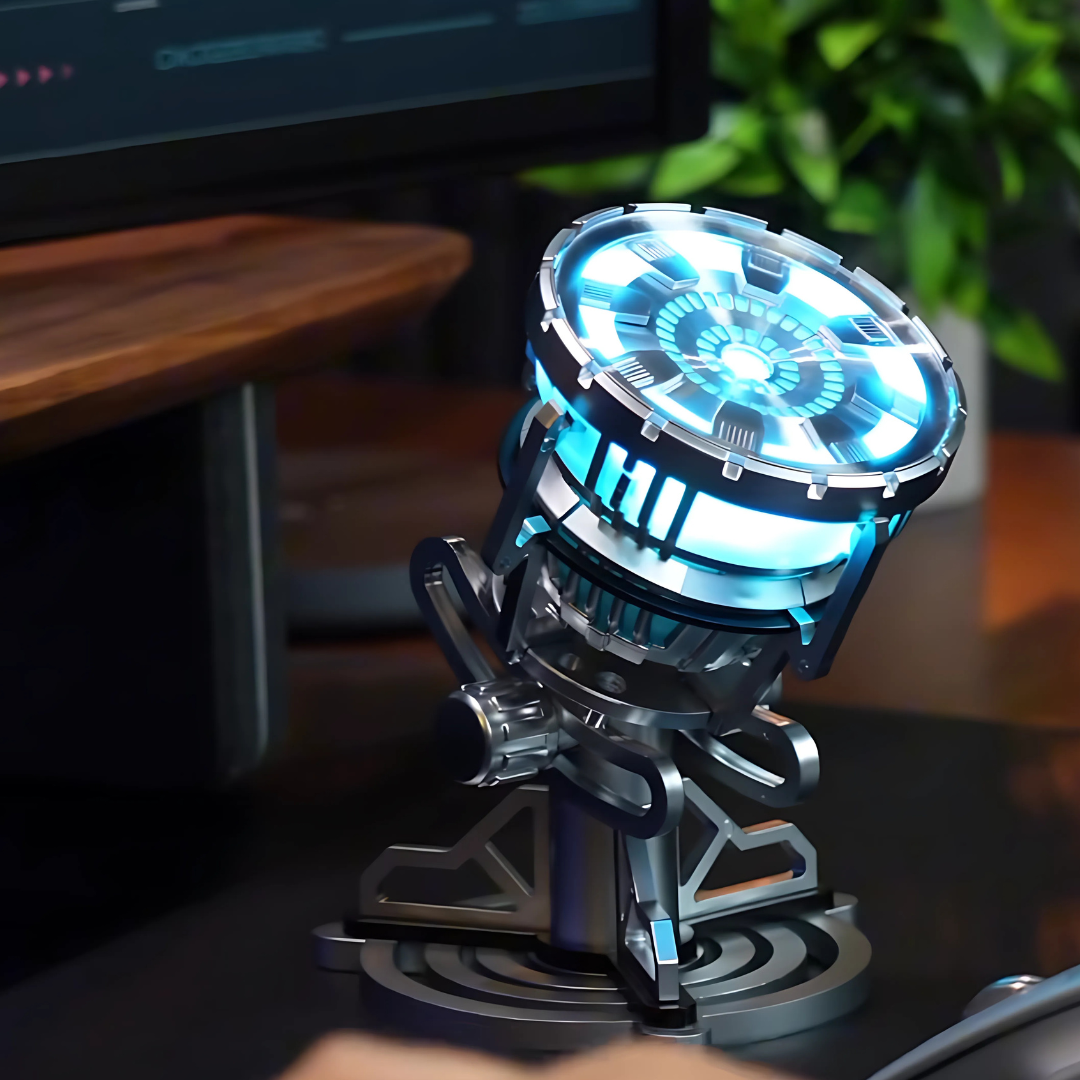 Iron Man arc reactor LED display light glowing blue on its motorized stand, a Tony Stark MK3 desk lamp for Marvel collectors
