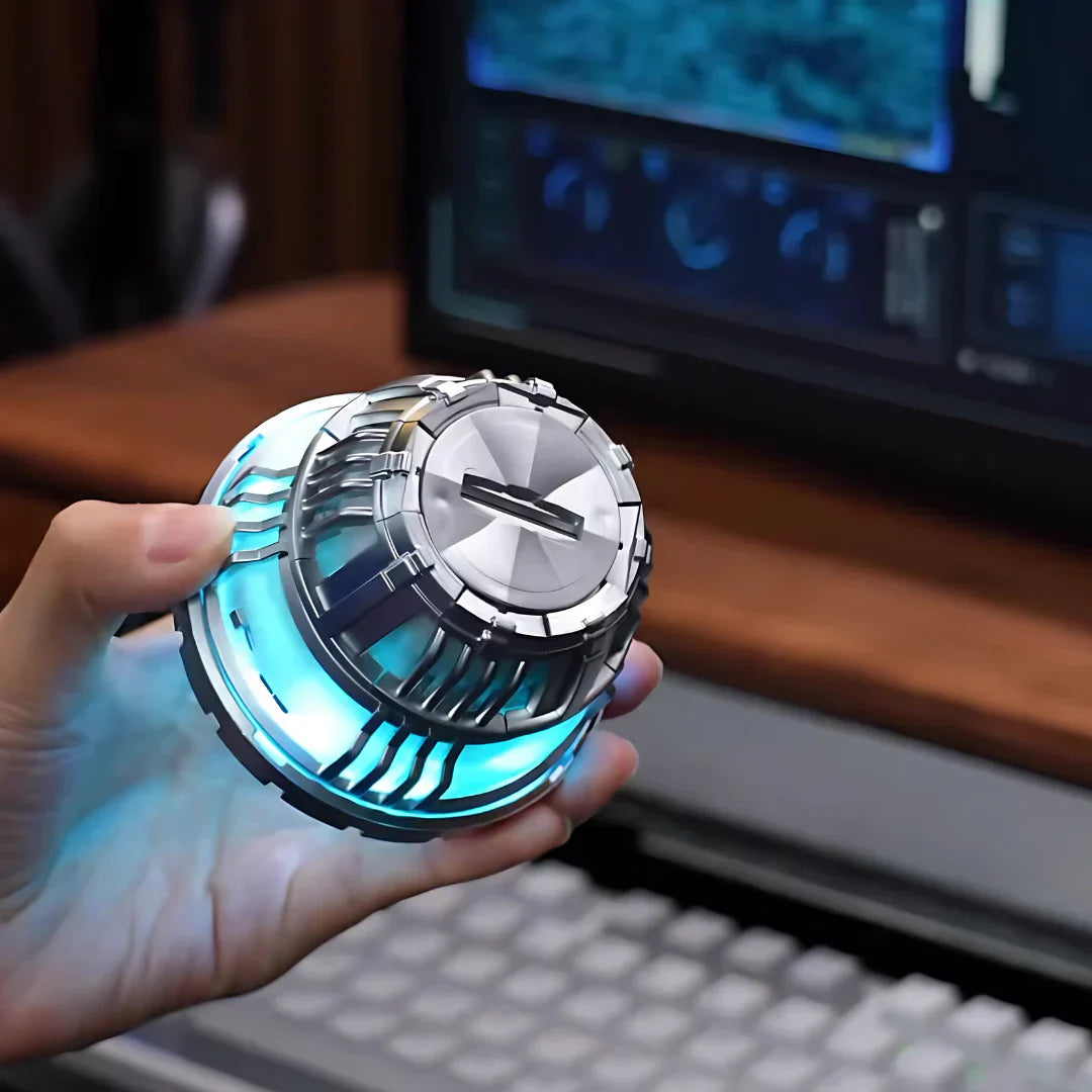 Handheld Iron Man arc reactor showing its palladium core slot, a motorized MK3 replica sized for a shelf or gaming desk display