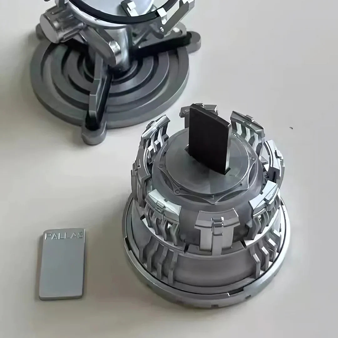 Swappable palladium energy plates and display stand from an Iron Man arc reactor kit, a buildable MK3 prop replica for MCU fans