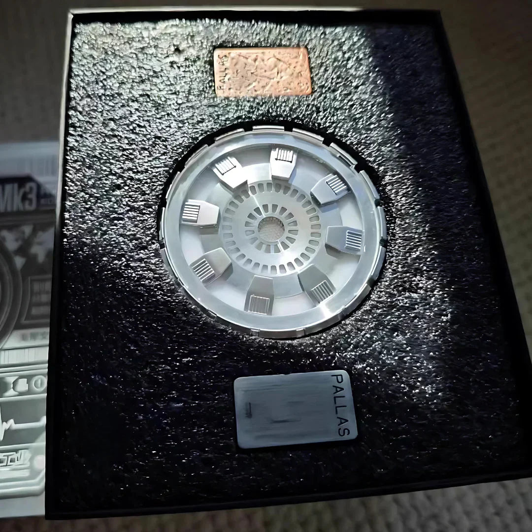 Gift boxed Iron Man arc reactor replica in a foam presentation case marked MK3, a Marvel collectible for Tony Stark fans