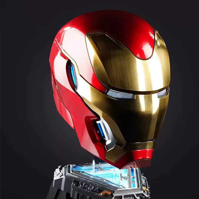 Iron Man helmet holder with USB powered LED base and blue arc reactor glow for Marvel desk and shelf display