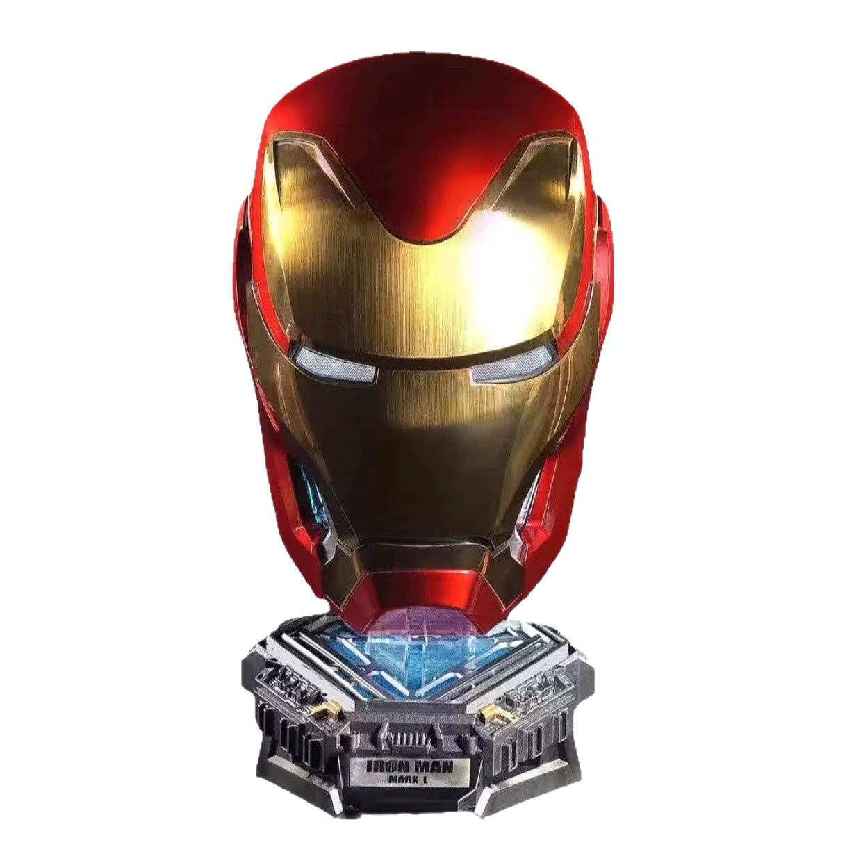 Clear acrylic support posts and LED base of Iron Man helmet stand with blue glow for cosplay helmet storage