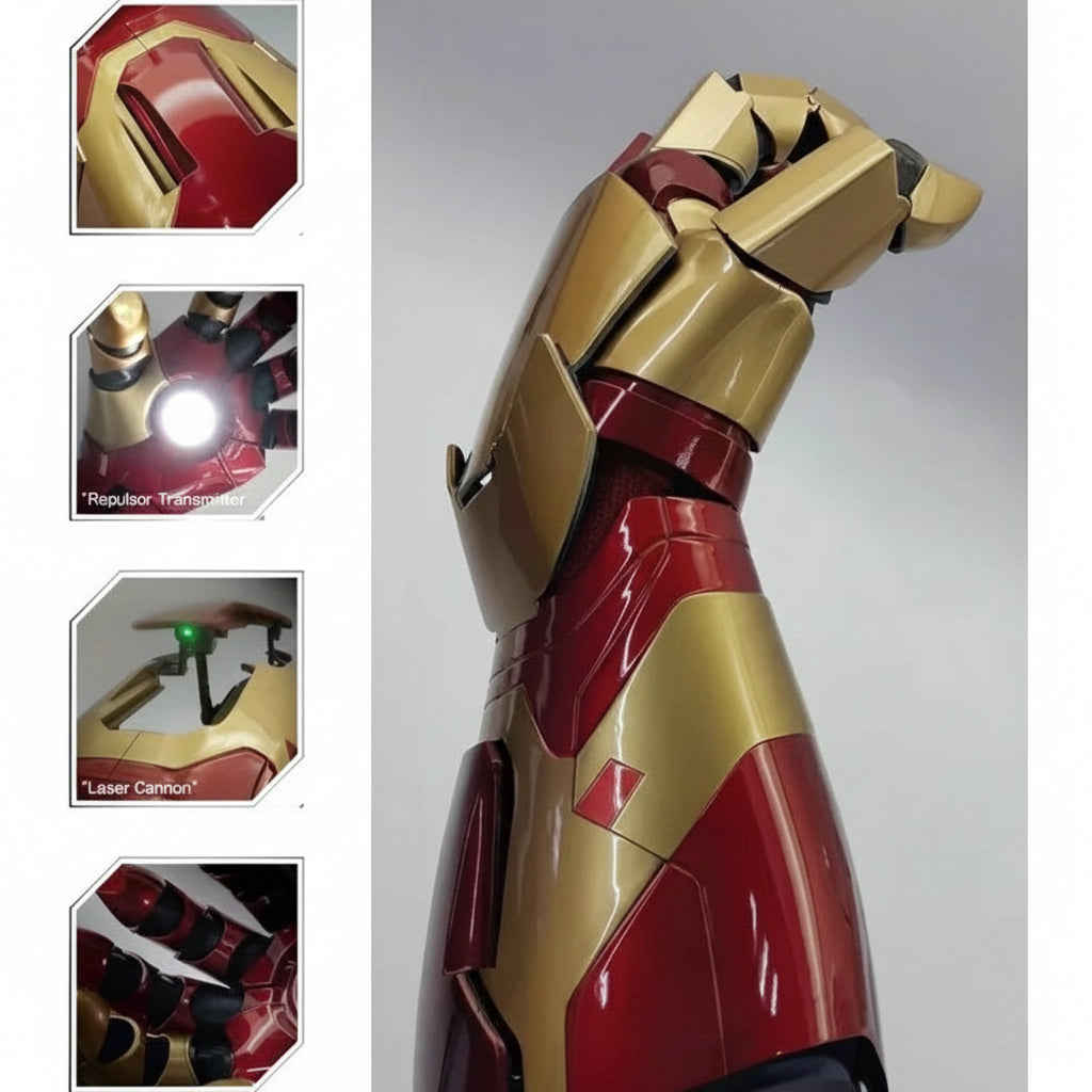 Mark 42 LED arm gauntlet featuring repulsor transmitter and laser cannon for movie-accurate Marvel cosplay builds Left Arm Right Arm