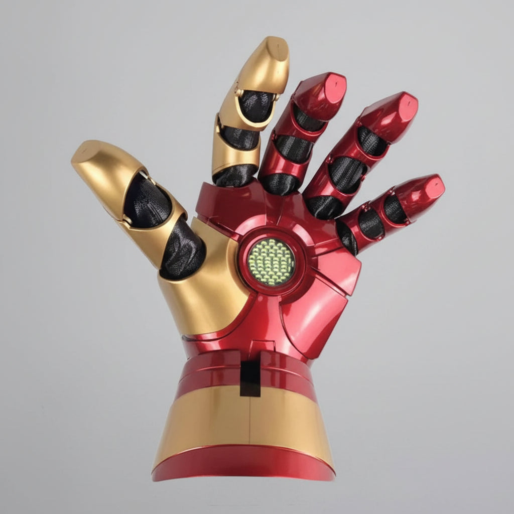 Mark 42 wearable hand gauntlet with LED palm repulsor array and gesture activation for Marvel collectors and cosplay Left Hand Right Hand