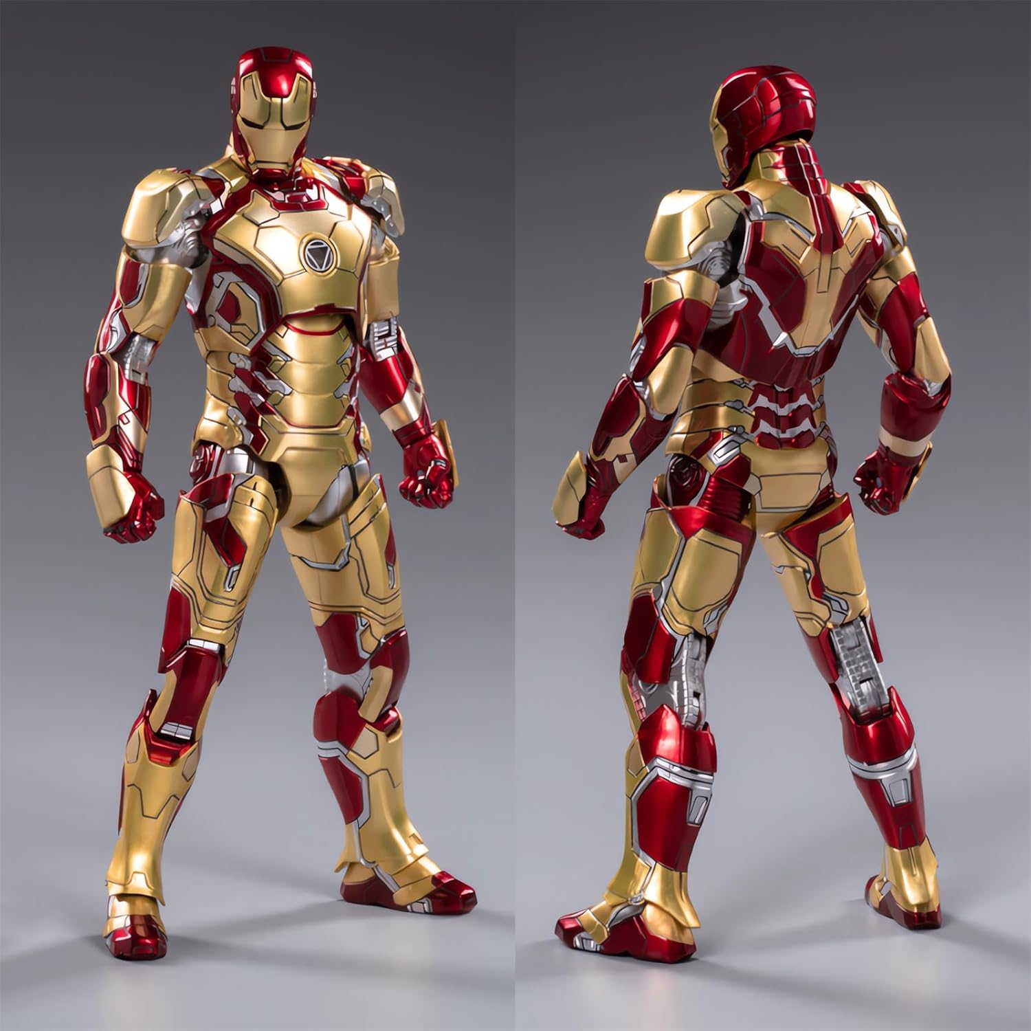 Mark 42 Iron Man poseable action figure with red and gold metallic armor and repulsor detail for Marvel display shelf