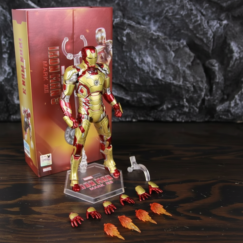 7 inch Iron Man MK42 collectible figure with snap on flame effects for MCU armor lineup desk and shelf display